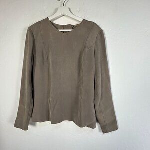 Studio 121 Womens Taupe Long Sleeve Button Back Silk Blouse Size 6 V-Neck Casual